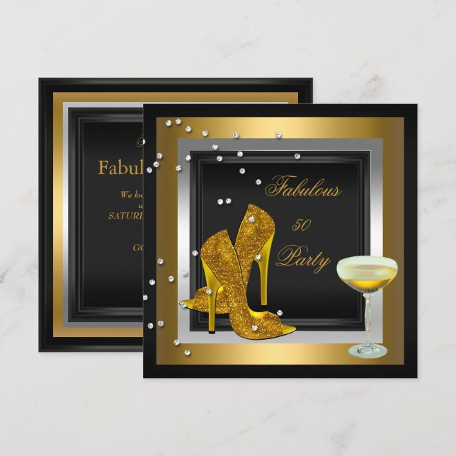 Invitación Black Gold High Heels Champagne fiesta de cumpleañ (Anverso / Reverso)