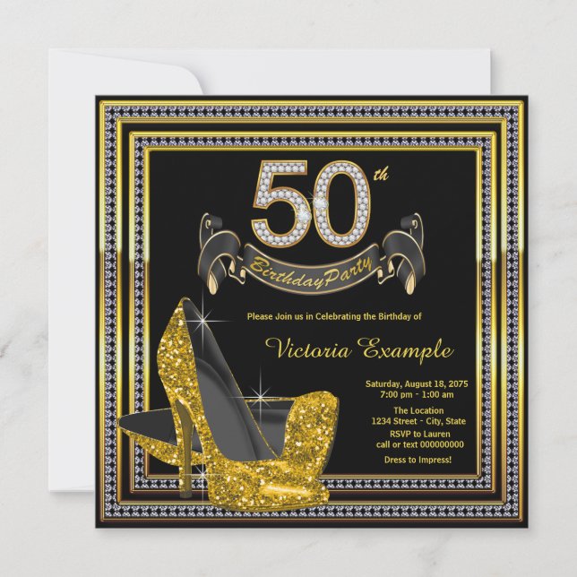 Invitación Black Gold High Heels Mujeres 50 cumpleaños (Anverso)