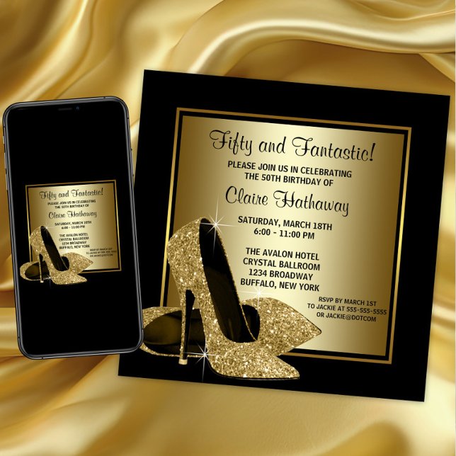 Invitación Black Gold High Heels Mujeres Fiesta de cumpleaños (Womans Black Gold High Heels  Birthday Party Invitation. Any number or event.)