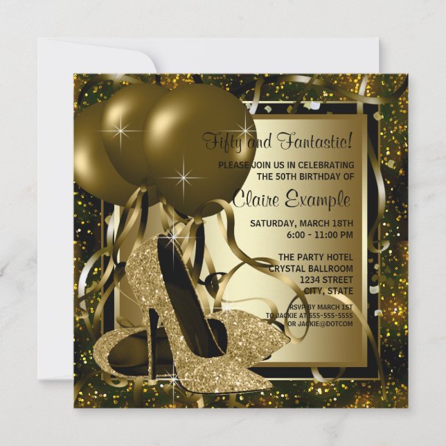 Invitación Black Gold High Heels Mujeres Fiesta de cumpleaños (Anverso)