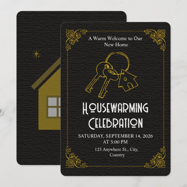 Invitación Black Gold Housewarming Invitation Editable (Anverso / Reverso)
