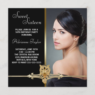 Invitación Black Gold Leopard Photo Sweet Dieciséis cumpleaño