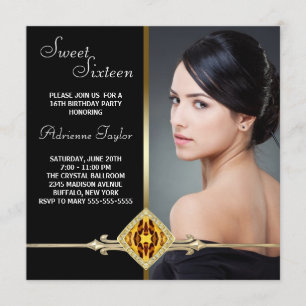 Invitación Black Gold Leopard Photo Sweet Dieciséis cumpleaño