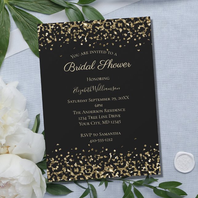 Invitación Black Gold Leopard Print Glitter Bridal Shower (Subido por el creador)