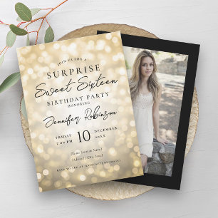 Invitación Black Gold Lights Foto SURPRISE Sweet 16