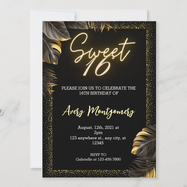 Invitación Black Gold Luxury Happy Sweet 16th Birthday Party (Anverso)
