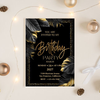 Invitación Black Gold Luxury Tropical Leaf Happy Birthday