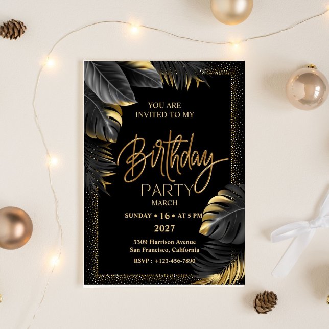 Invitación Black Gold Luxury Tropical Leaf Happy Birthday (Subido por el creador)