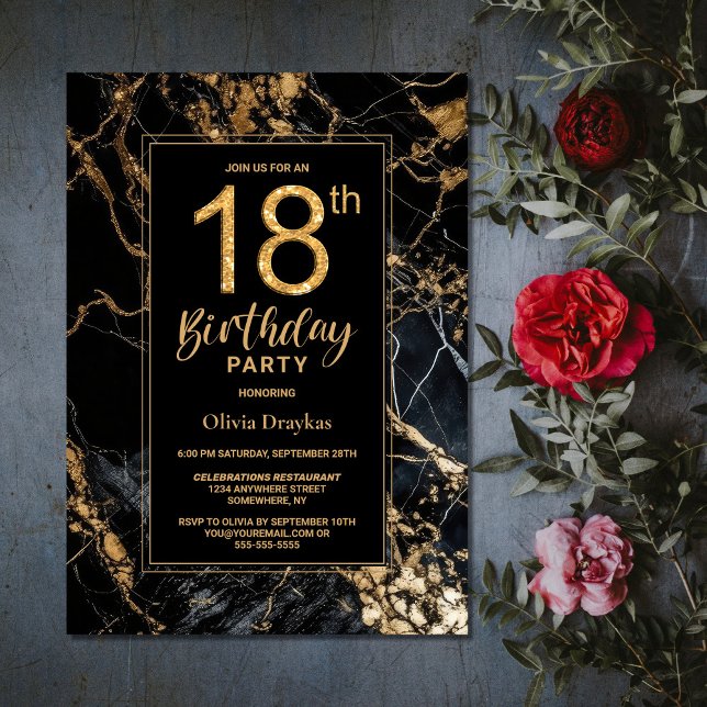 Invitación Black Gold Marble 18th Birthday Party (Subido por el creador)