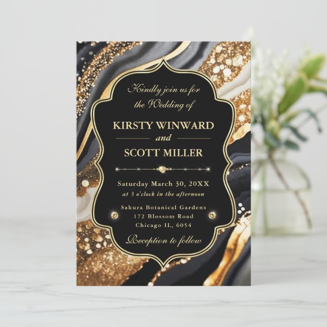 Invitación Black Gold Marble Glitter Elegant Wedding (Anverso de pie)