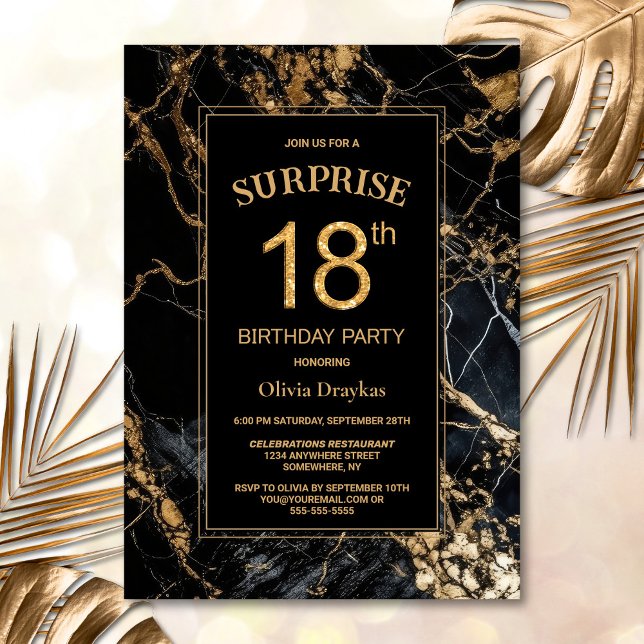 Invitación Black Gold Marble Surprise 18th Birthday Party (Subido por el creador)