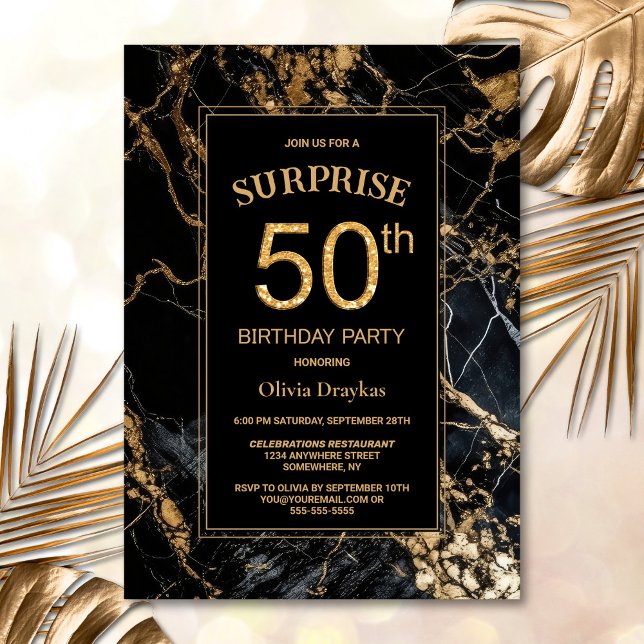 Invitación Black Gold Marble Surprise Fiesta de 50 Años (Subido por el creador)