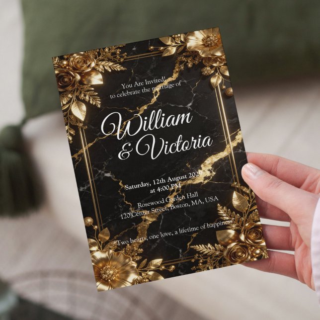 Invitación Black Gold Marble Wedding Invitation (Subido por el creador)