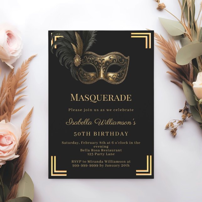 Invitación Black gold Masquerade birthday party (Subido por el creador)