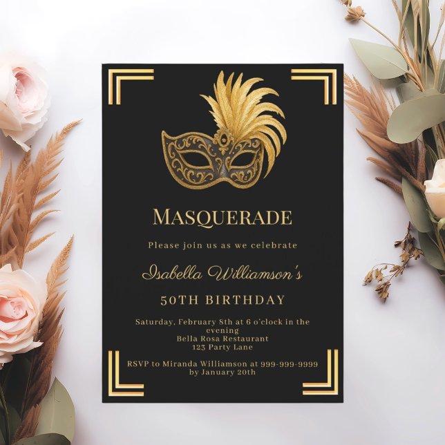 Invitación Black gold Masquerade birthday party (Subido por el creador)