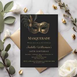 Invitación Black gold Masquerade birthday party