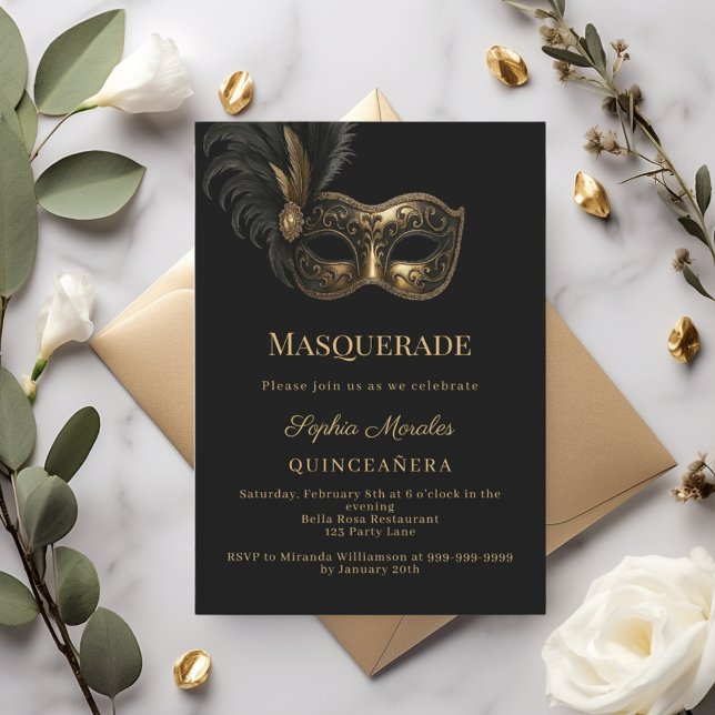 Invitación Black gold Masquerade Quinceanera (Subido por el creador)