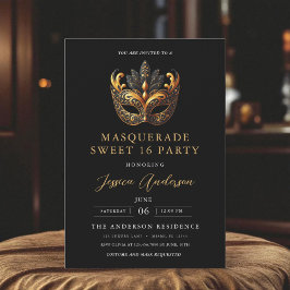 Invitación Black Gold Masquerade Sweet 16 Birthday Party