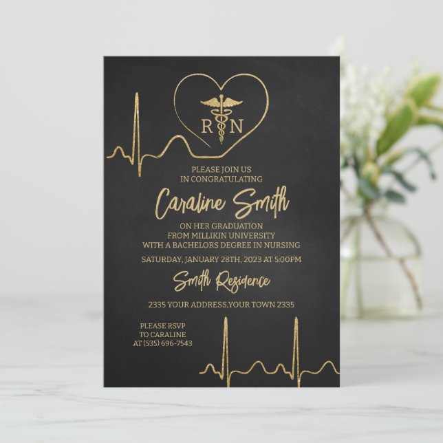 Invitación Black Gold  Medical RN Nurse Graduation (Anverso de pie)