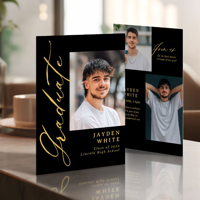 Invitación Black Gold Modern Calligraphy Photo Graduation (Black Gold Modern Calligraphy Photo Graduation Invitation)