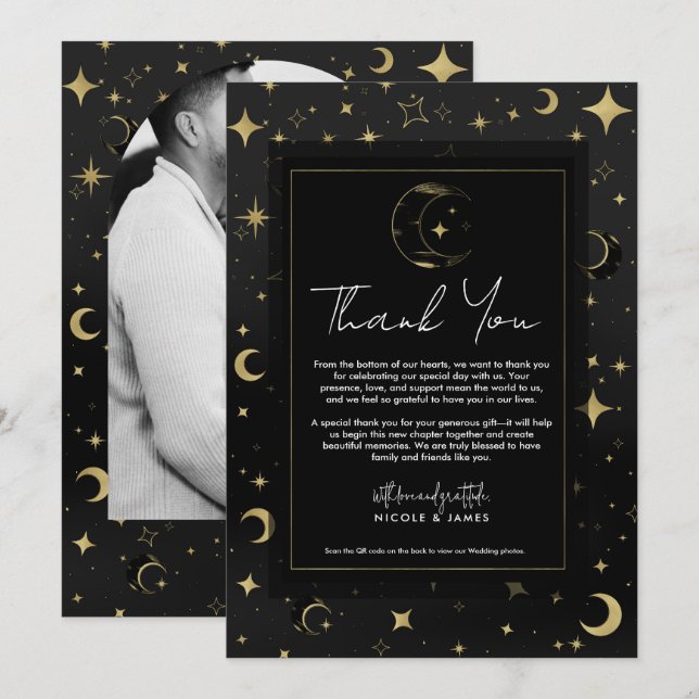 Invitación Black & Gold Modern Celestial Moon Stars Gracias (Anverso / Reverso)
