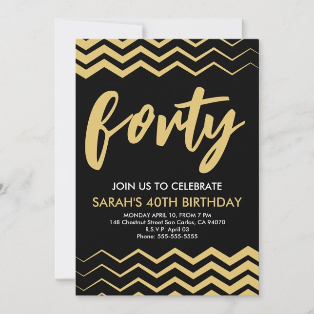 Invitación Black Gold Modern Minimalist 40th Birthday Party (Anverso)