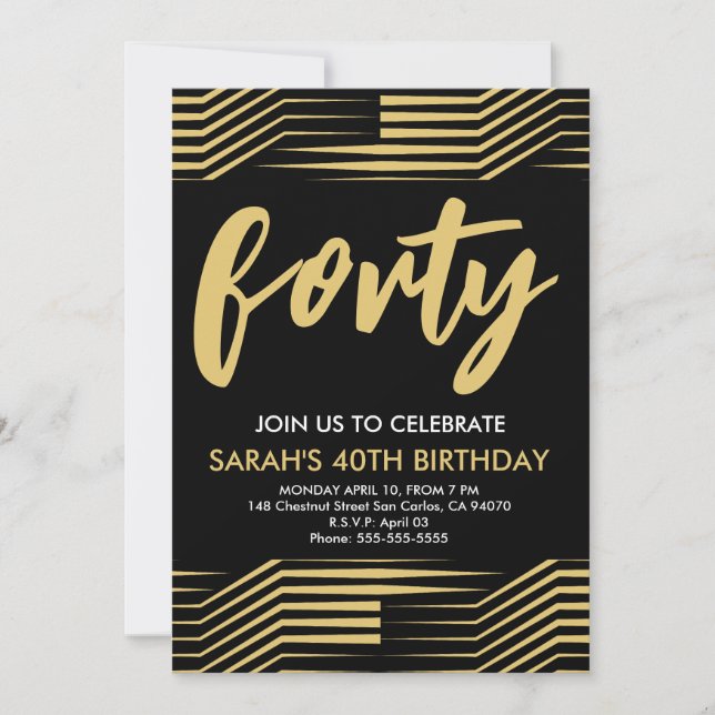 Invitación Black Gold Modern Minimalista 40 cumpleaños Fiesta (Anverso)