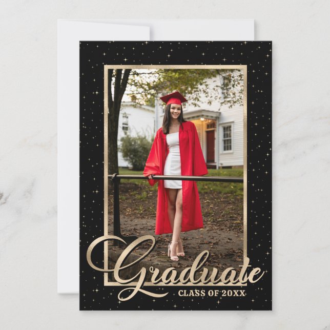 Invitación Black Gold Modern Script Photo Graduation Party (Anverso)