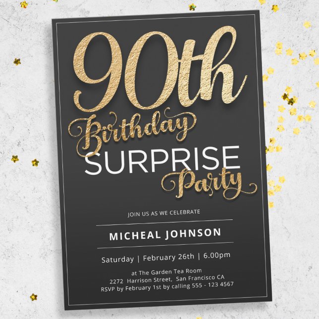 Invitación Black Gold Modern Surprise Fiesta de cumpleaños nú (Mockup View)