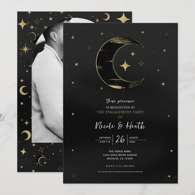 Invitación Black & Gold Moderno Celestial Luna Estrella Compr (Anverso / Reverso)