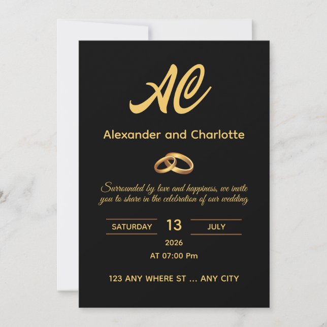 Invitación Black Gold Monogram Wedding Invitation (Anverso)