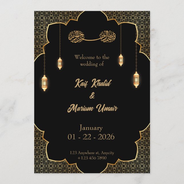 Invitación Black & Gold Muslim wedding invitation Editable (Anverso)