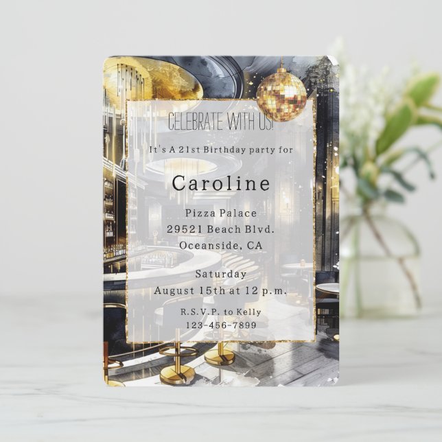 Invitación Black Gold Night Club Fiesta Disco Ball Cumpleaños (Anverso de pie)
