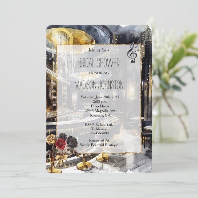 Invitación Black Gold Night Club Floral Bridal Shower (Anverso de pie)