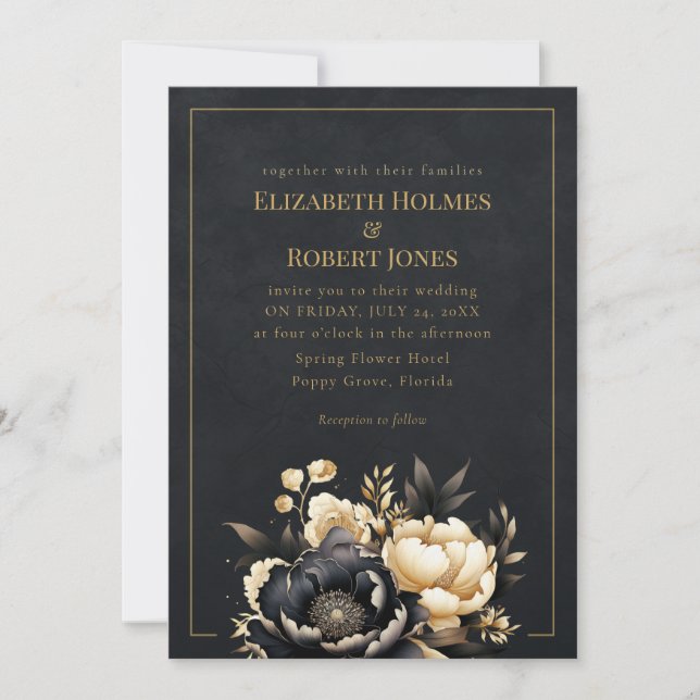 Invitación Black & Gold Peony Gothic Wedding Invitation (Anverso)