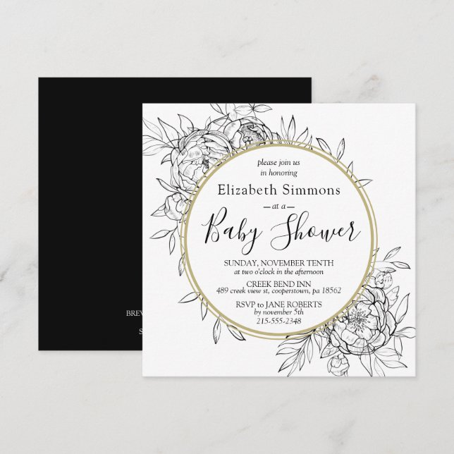 Invitación Black & Gold Peony Moderno Floral Toile Baby Showe (Anverso / Reverso)