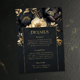 Invitación Black & Gold Peony Wedding Details Card