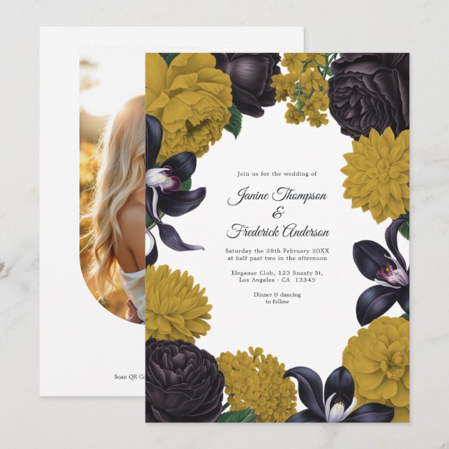 Invitación Black & Gold Photo/QR Code Floral Wedding (Anverso / Reverso)