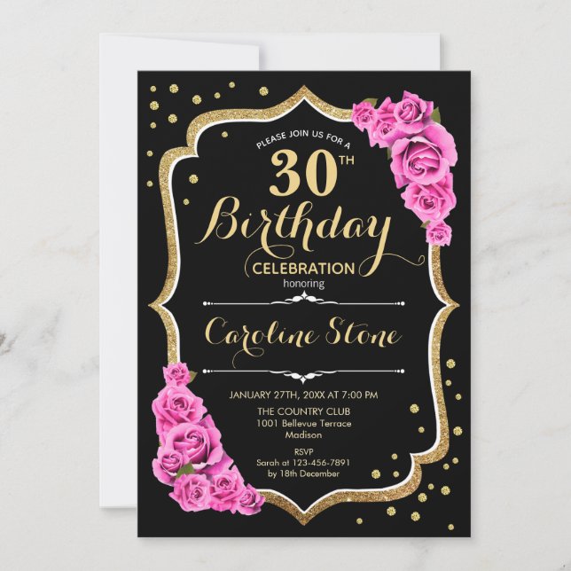 Invitación Black Gold Pink 30 cumpleaños (Anverso)