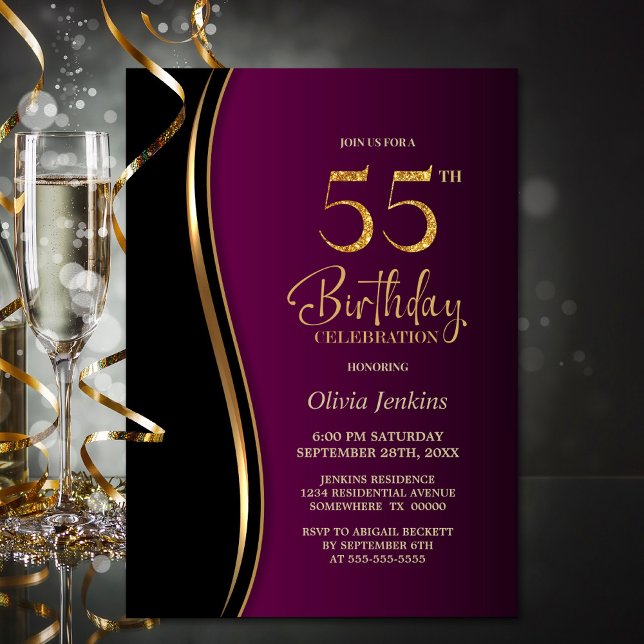 Invitación Black Gold Pink 55th Birthday Party (Subido por el creador)