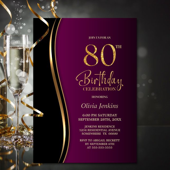 Invitación Black Gold Pink 80th Birthday Party (Subido por el creador)