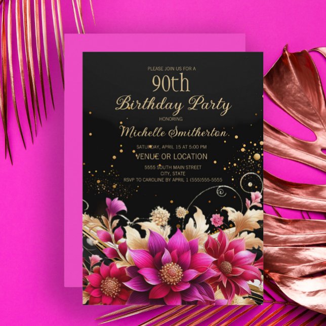 Invitación Black Gold Pink Floral 90 cumpleaños (Black, fuchsia, gold floral 90th birthday party invitation)