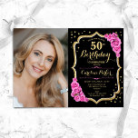 Invitación Black Gold Pink Photo 50th Birthday<br><div class="desc">Elegante invitación floral de 50 años con tu foto. Diseño de color rosa negro brillante con oro falso purpurina. Presenta rosas rosas rosas rosas rosas, tipo de letra de guión y confeti. Perfecto para un elegante fiesta de celebración de cumpleaños. Personaliza con tus propios detalles. ¡Se puede personalizar para cualquier...</div>