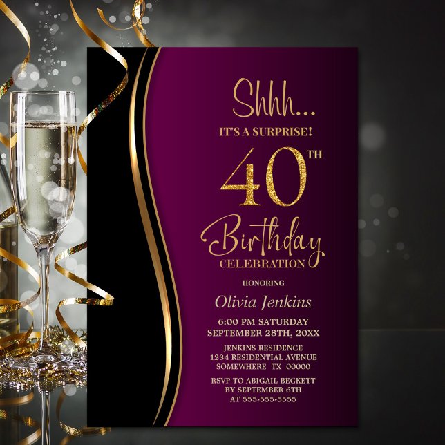 Invitación Black Gold Pink Surprise 40 cumpleaños (Subido por el creador)