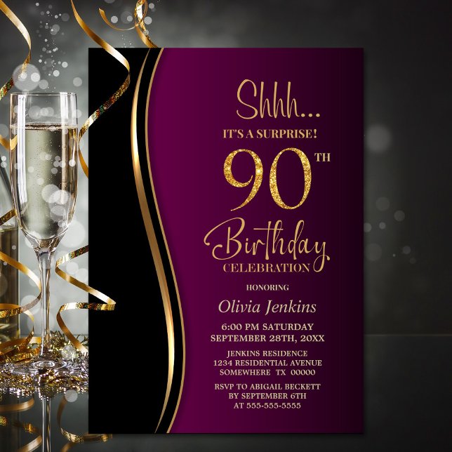 Invitación Black Gold Pink Surprise 90º cumpleaños (Subido por el creador)