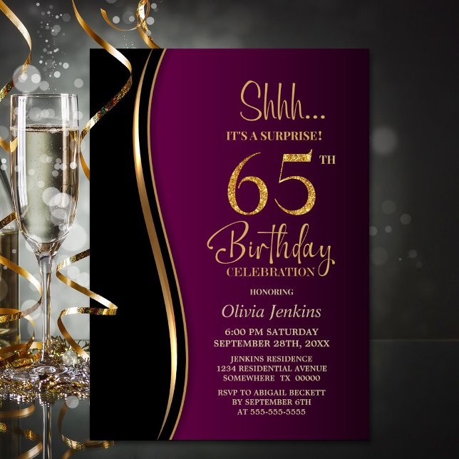 Invitación Black Gold Pink Surprise cumpleaños número 65 (Subido por el creador)