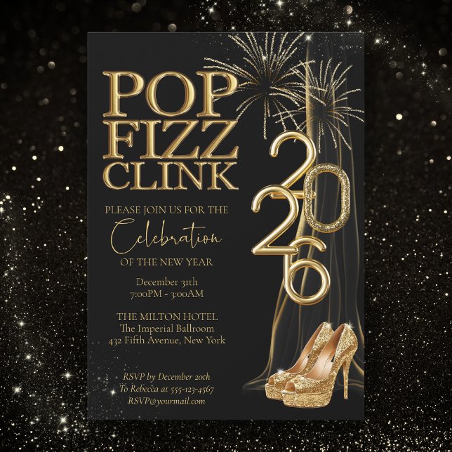 Invitación Black Gold Pop Fizz Clink New Years Invitation (Subido por el creador)