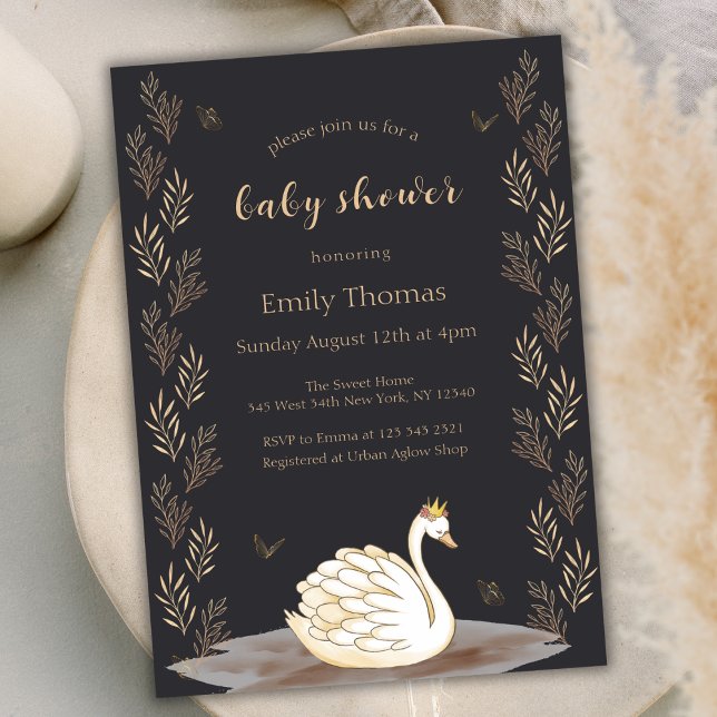 Invitación Black Gold Princess Swan Butterfly Baby Shower (Black Gold Princess Swan Butterfly Baby Shower Invitation)