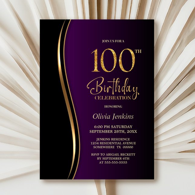 Invitación Black Gold Purple 100 cumpleaños (Subido por el creador)