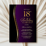 Invitación Black Gold Purple 18th Birthday Party<br><div class="desc">Invite a sus amigos y seres queridos con esta moderna invitación de fiesta de cumpleaños 18 en negro, oro y morado. El área de texto de personalizable de esta plantilla de invitación le permite incluir sin esfuerzo todos los detalles necesarios para su celebración especial de cumpleaños, incluyendo la fecha, hora,...</div>